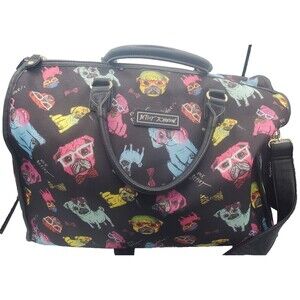 BETSEY JOHNSON Black PUG Dog Weekender Travel Duffle Bag Tote Carry On Puppy